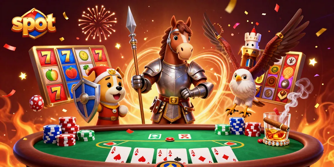 Experience vibrant slot gaming action with a knight, puppy, and falcon amidst colorful slot reels.