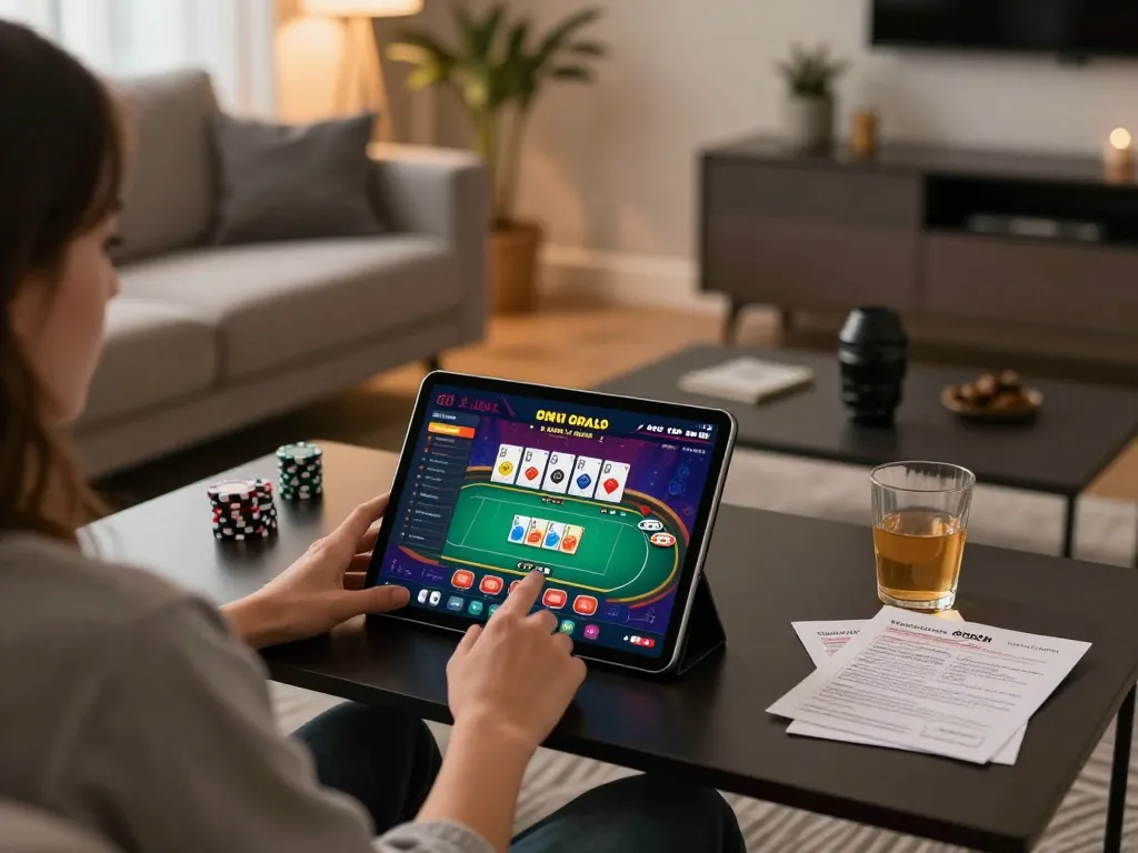 Engaging in online gaming with m111 casino app on tablet in a cozy home setup