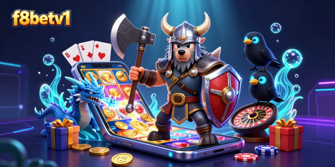 Engage with vibrant f8betv1 casino scene featuring a Viking wolf warrior, fierce dragon, and exciting slot games.