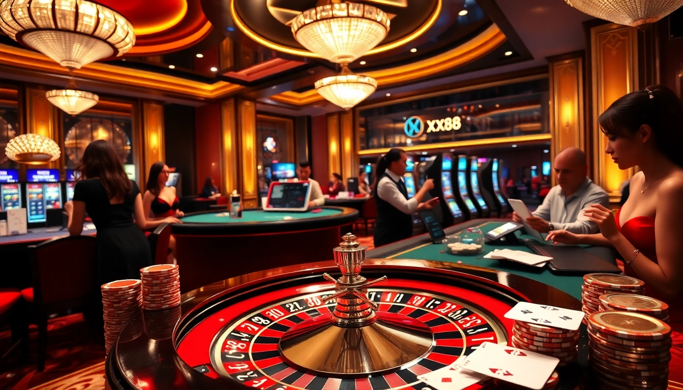 Players enjoying an exciting roulette game at XX88 casino, with vibrant chips and cards in action.