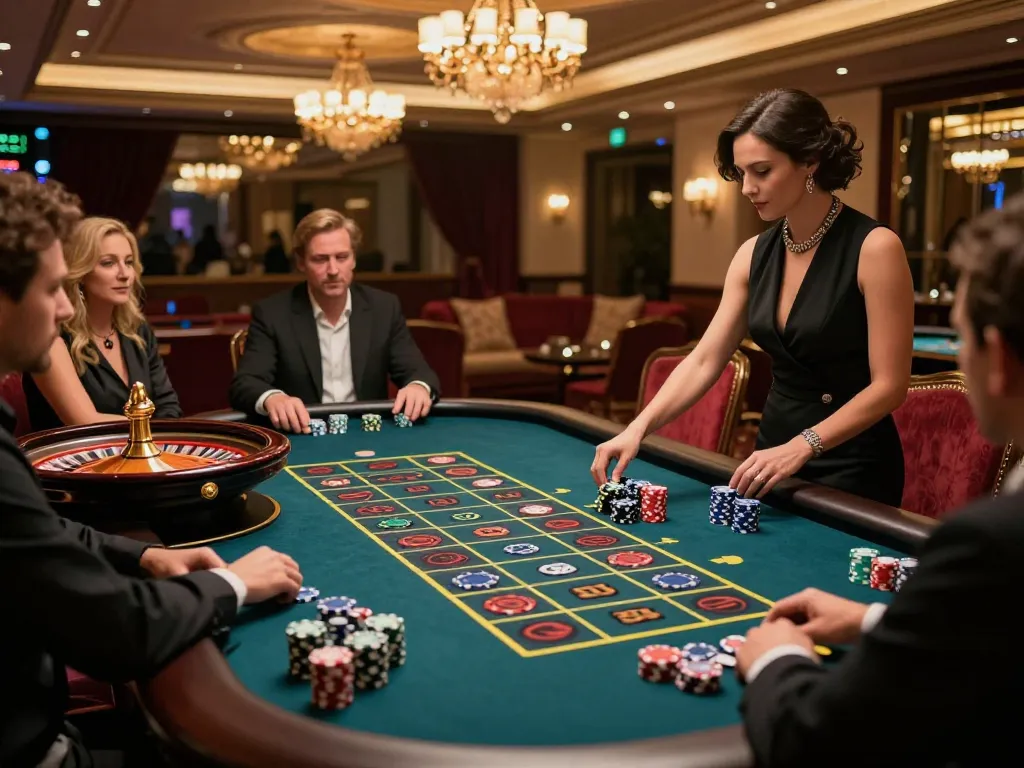 Engaging in a thrilling roulette game at ok365, showcasing vibrant chips and a glamorous croupier.