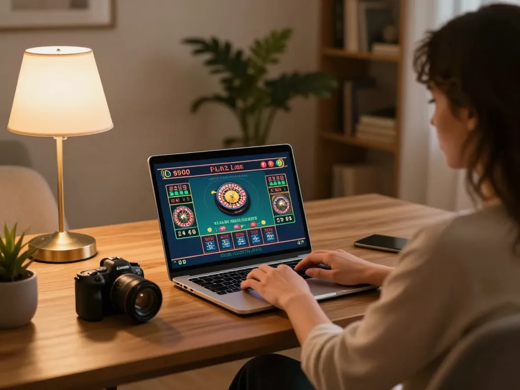 Engaged player using Qh888 online casino on laptop in comfortable home setting with warm lighting.