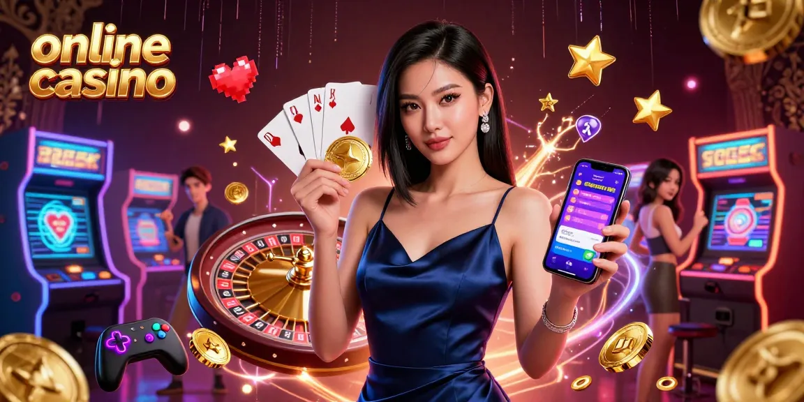 Engage with immersive online casino experience, featuring a confident woman showcasing a casino app.