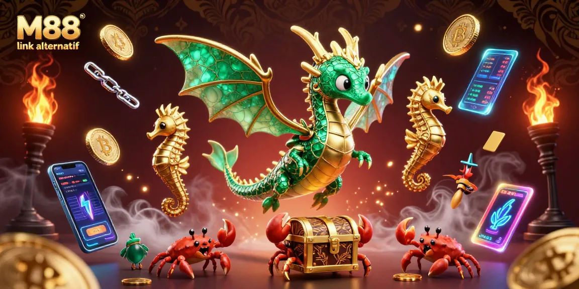 M88 link alternatif floats above a vibrant underwater scene with a sea dragon and gold accents, promoting online betting.