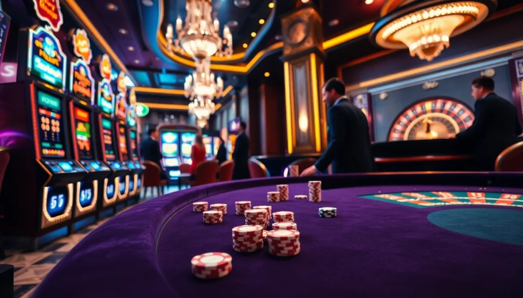 SODO66 gaming experience with vibrant slot machines and a roulette table in a luxurious casino setting.
