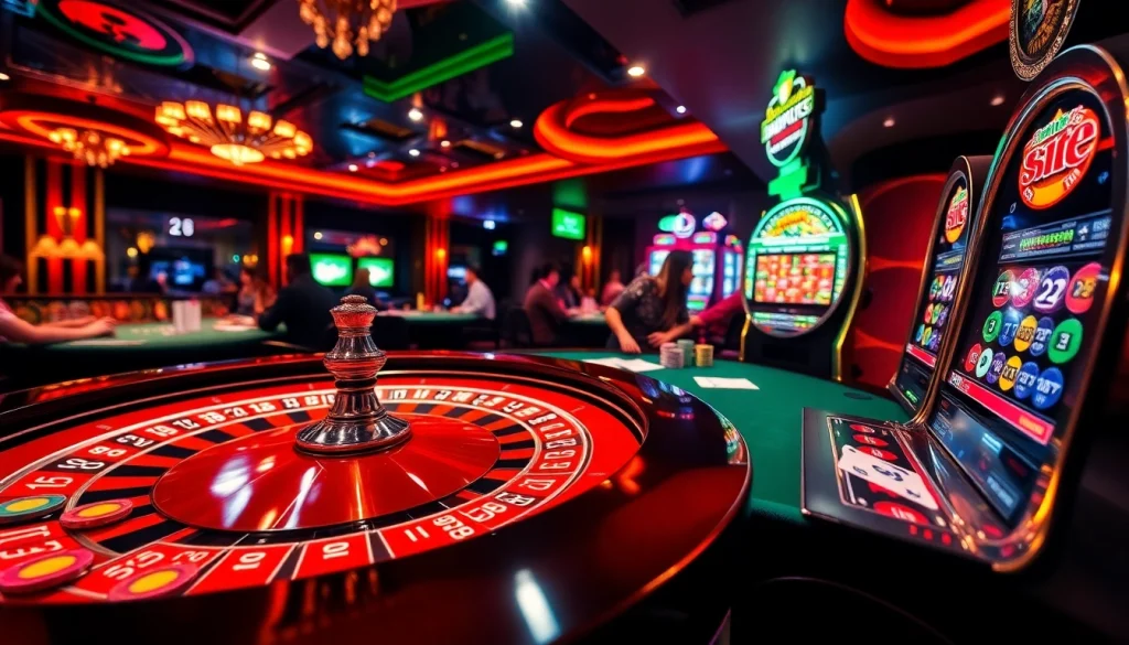 Experience the excitement of gambling at De bet with vibrant casino visuals featuring roulette, poker chips, and slot machines.