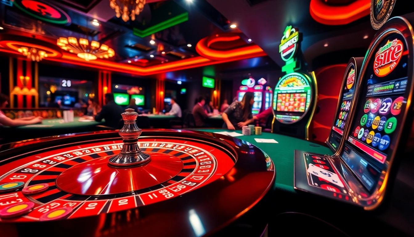Experience the excitement of gambling at De bet with vibrant casino visuals featuring roulette, poker chips, and slot machines.