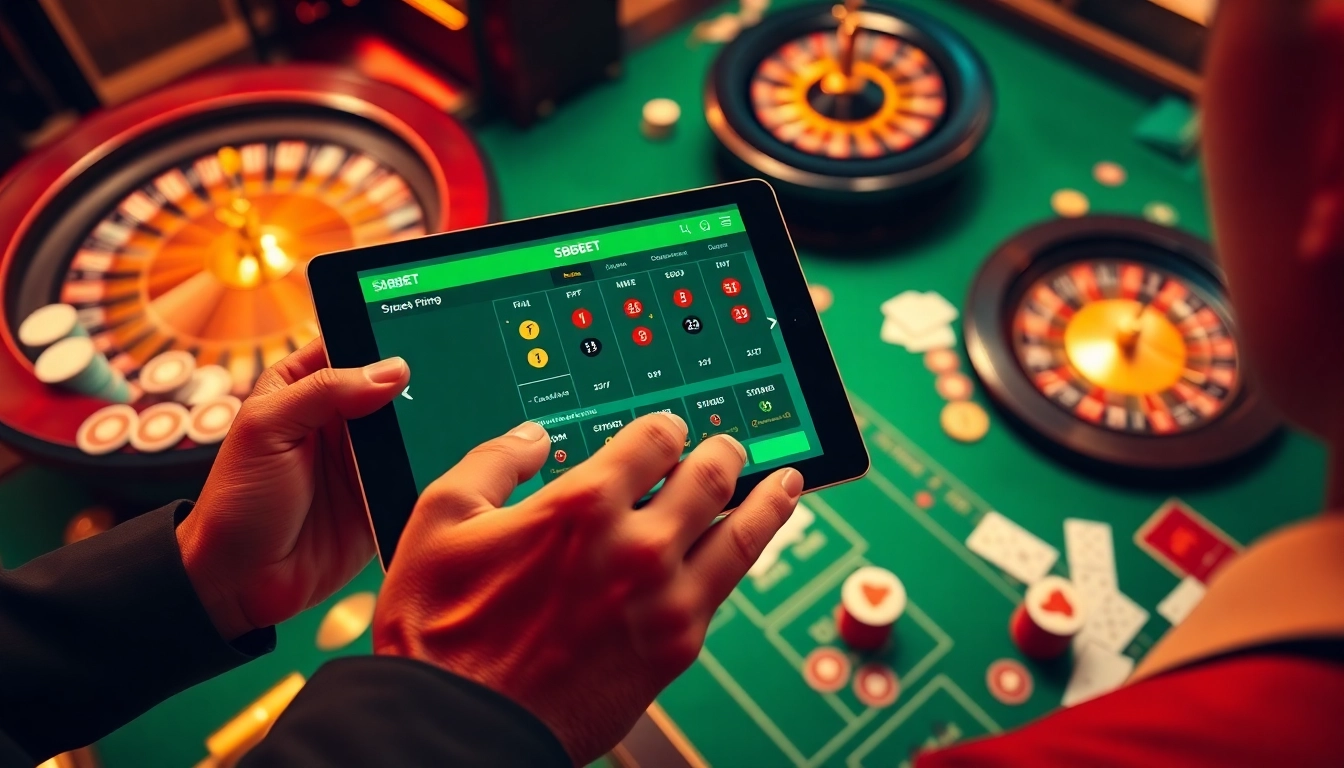 SBOBET gaming experience with vibrant casino tables and engaging players in an upscale environment.