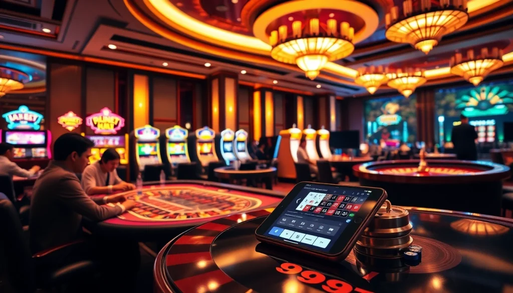 Experience exciting gameplay at 999BET with vibrant casino scenes featuring poker tables and slot machines.