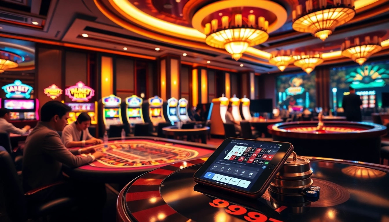 Experience exciting gameplay at 999BET with vibrant casino scenes featuring poker tables and slot machines.