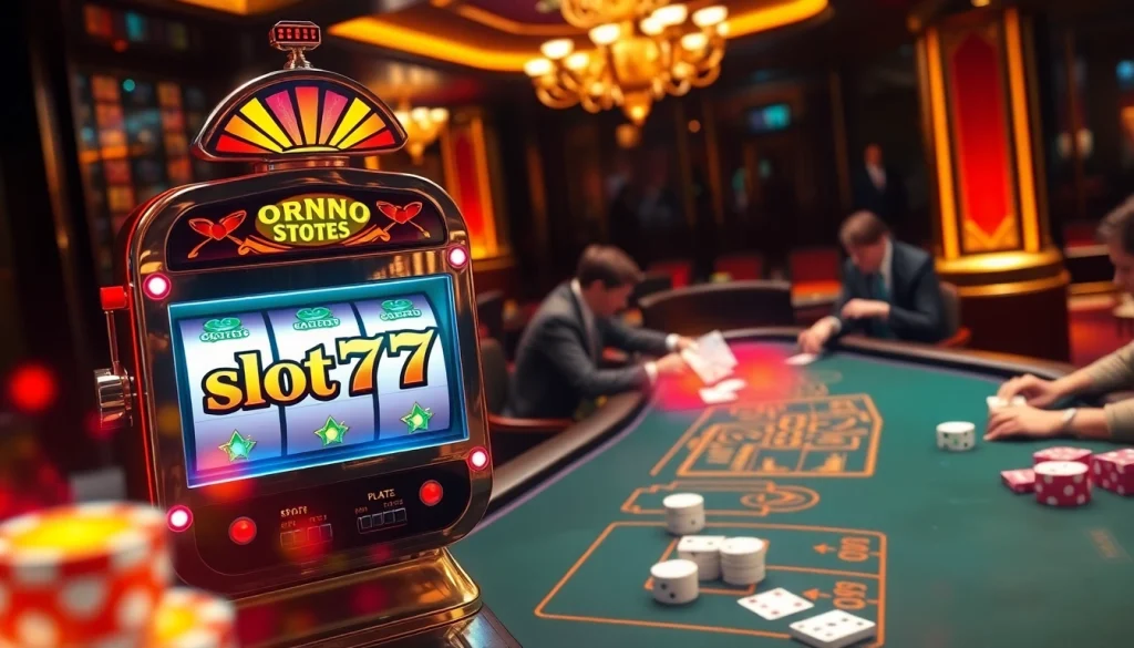 Engaging players at a luxurious slot777 machine in a vibrant casino atmosphere filled with excitement.