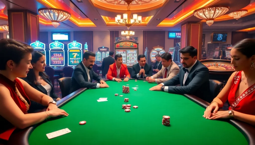 S8 platform players enjoy high-stakes poker at a luxurious casino table filled with chips and anticipation.