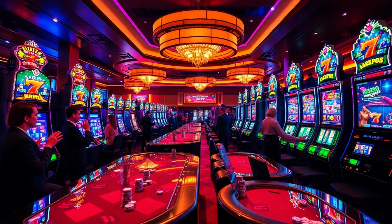 Players celebrating big wins at slot machines in a glamorous casino setting.