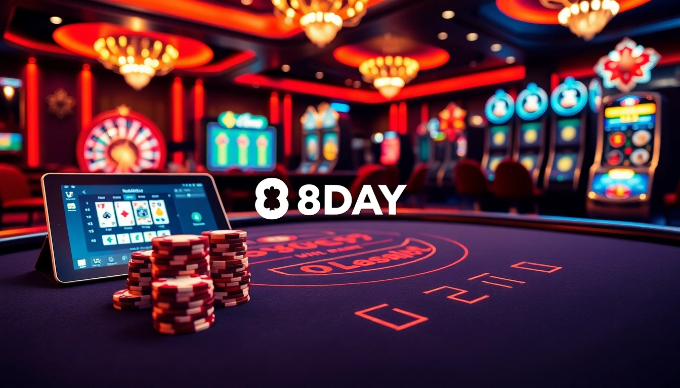 Players enjoying high-stakes action at an upscale 8DAY casino table with vibrant colors and professional ambiance.