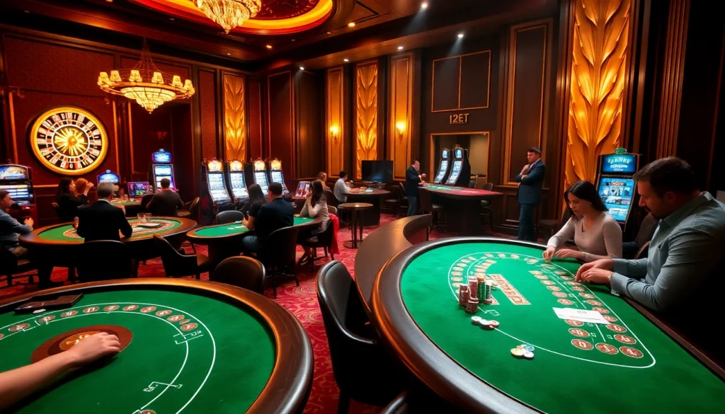 Experience the excitement at 12BET with players engaging at poker tables and vibrant slot machines.