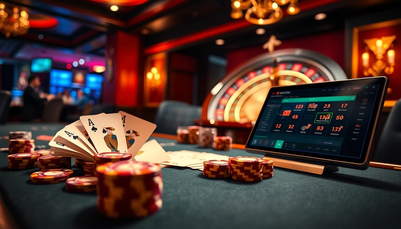 Experience high-stakes poker action at https://b52gamee.com/, highlighting vibrant gambling tables and thrilling roulette wheels.