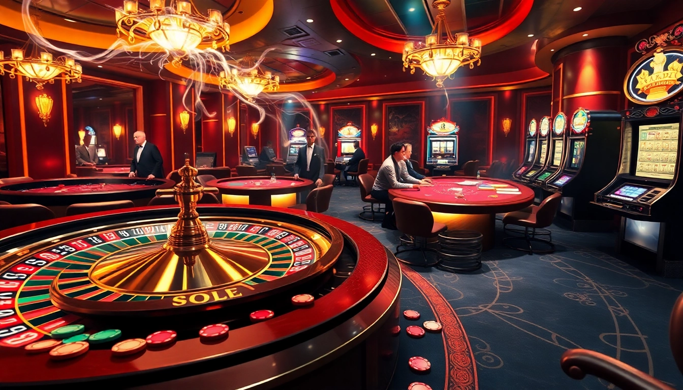 Experience the thrill of Giải mã giấc mơ in a luxurious casino setting with roulette and poker tables.