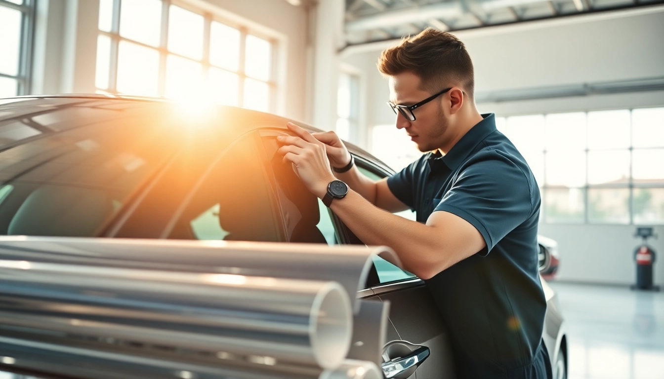 Find expert window tint near me with a technician applying professional tint to a car.
