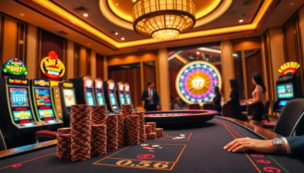 NEO79 casino scene showcasing exciting gaming atmosphere with poker chips and roulette.