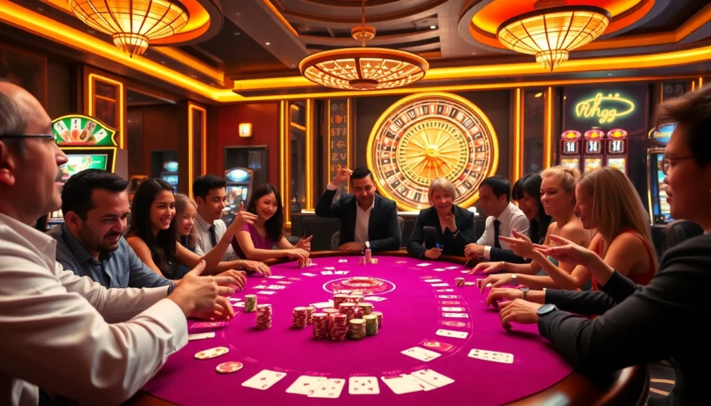 Experience the thrill of bk8 เครดิตฟรี at a vibrant casino scene with poker players and glowing slot machines.