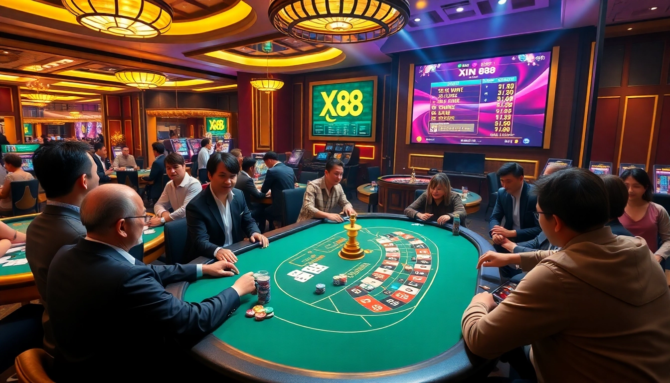Exciting poker action at Xin 88 casino, showcasing vibrant gameplay and camaraderie among gamblers.