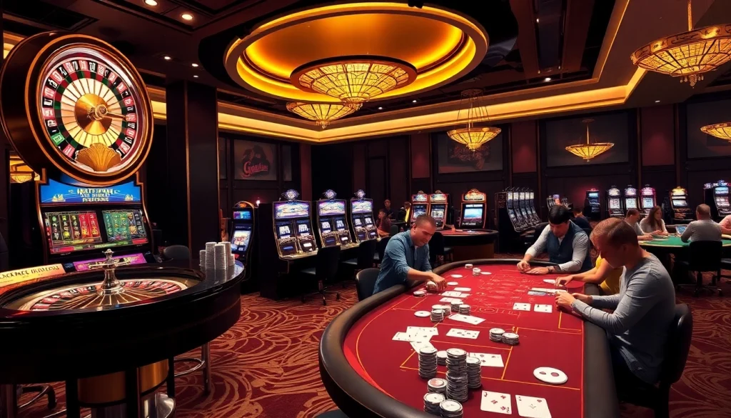 Experience an exciting casino vibe at GA888 with vibrant roulette wheels and bustling players.