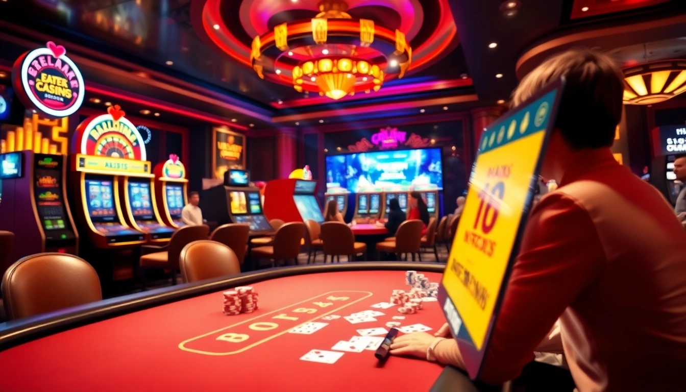 Bem88 casino scene with excited players at a poker table and bright slot machines in a luxurious atmosphere.