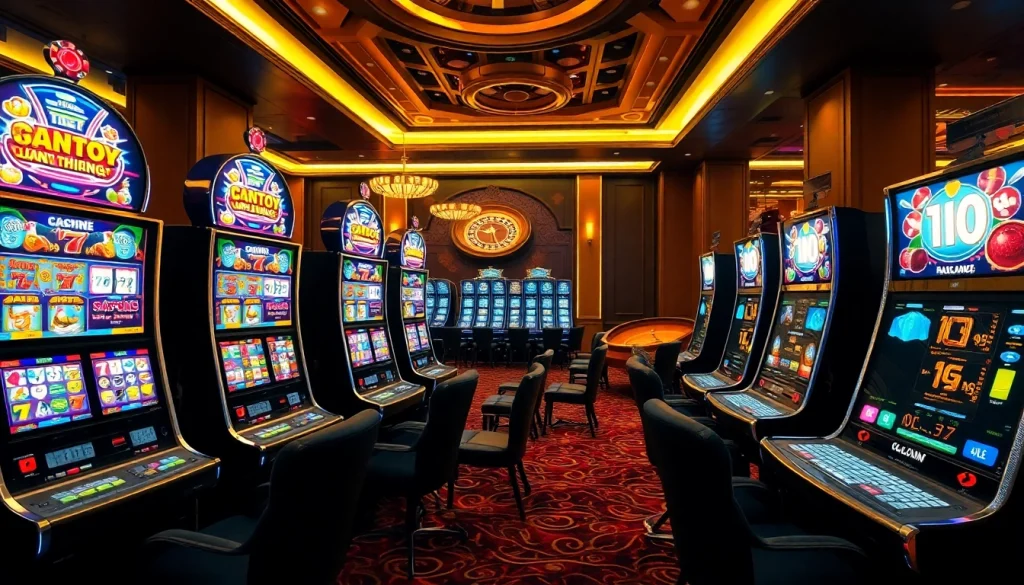 Experience the excitement of Nổ Hũ Đổi Thưởng with vibrant slot machines and luxury casino elements.