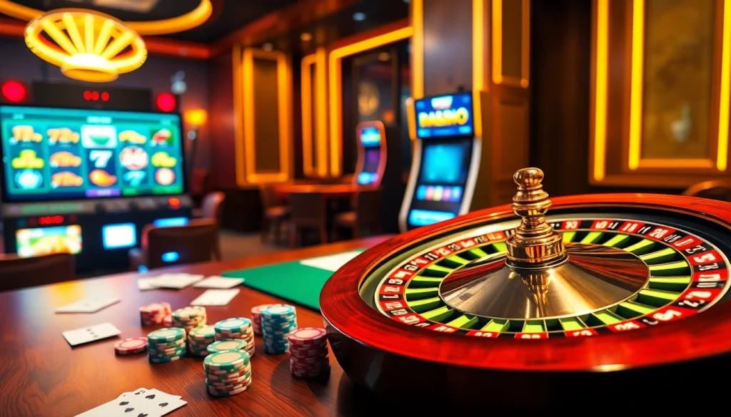 An engaging casino scene showing the exhilarating action at https://mmoo1.de.com/ with vibrant poker chips and a spinning roulette wheel.