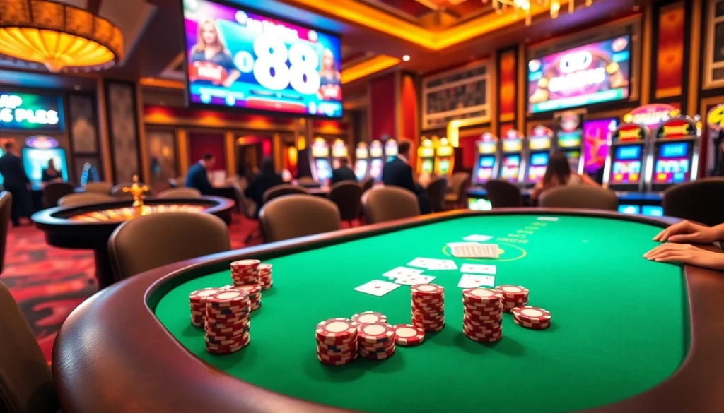 Experience the excitement of uu 88 with vibrant gaming scenes featuring poker chips, roulette wheels, and online slots.