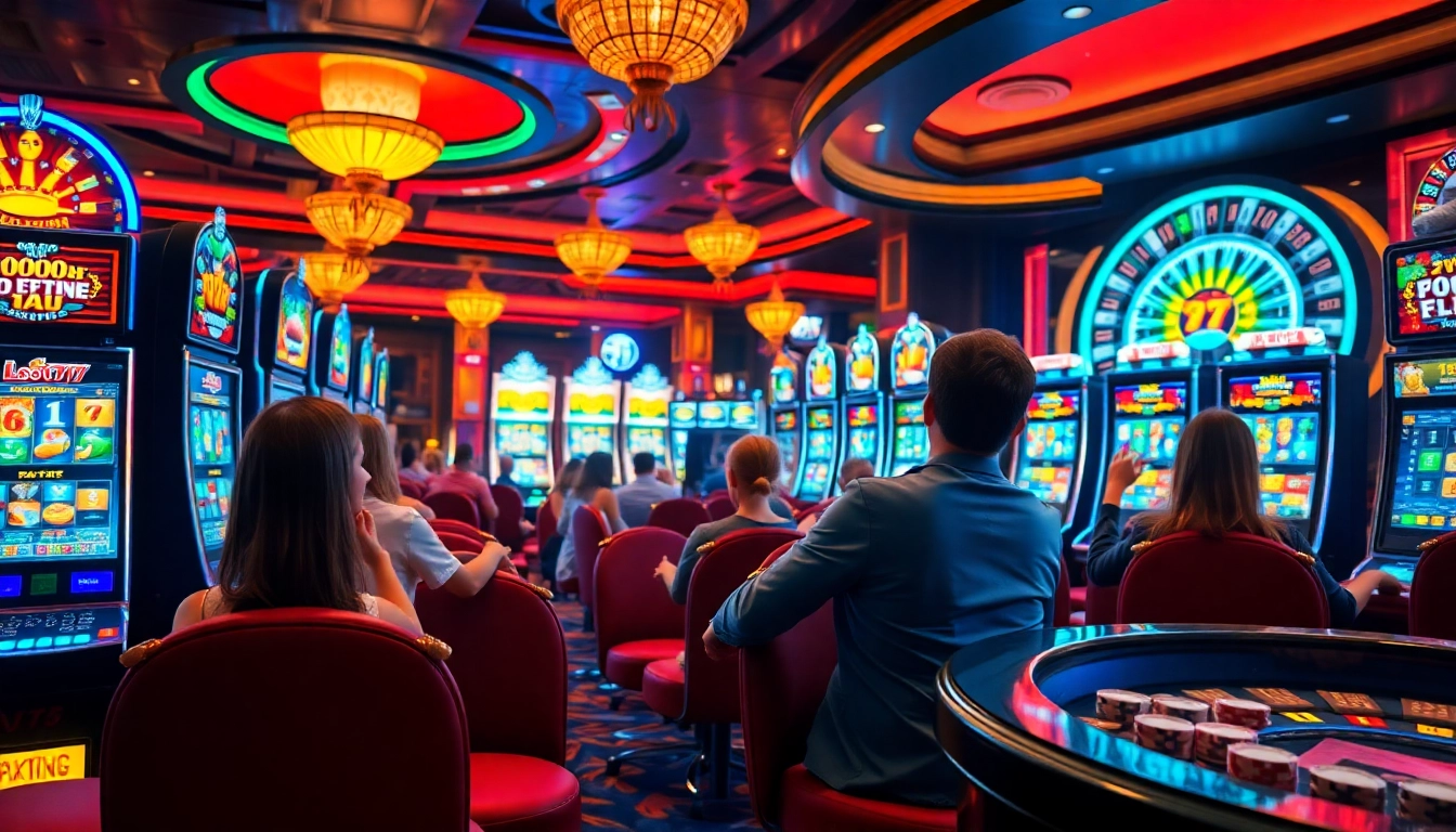 Players engaged in exciting slot777 login activities at a vibrant casino with colorful slot machines.