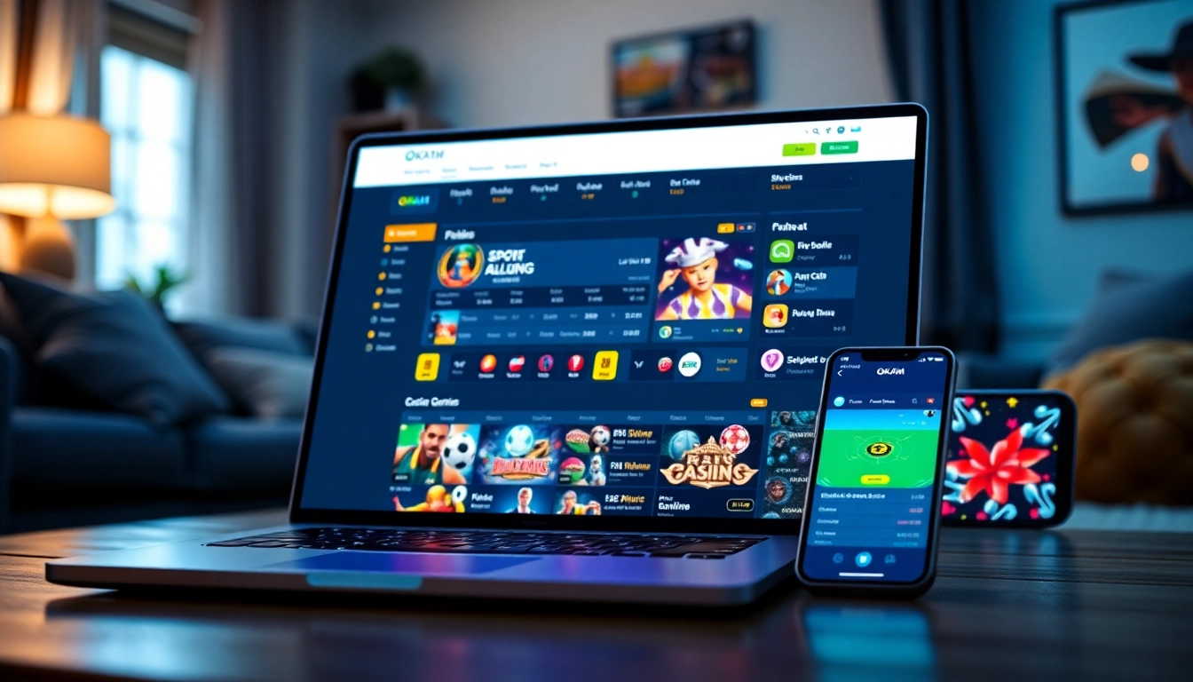OKATM online betting platform interface on smart devices showcasing vibrant sports and casino graphics.