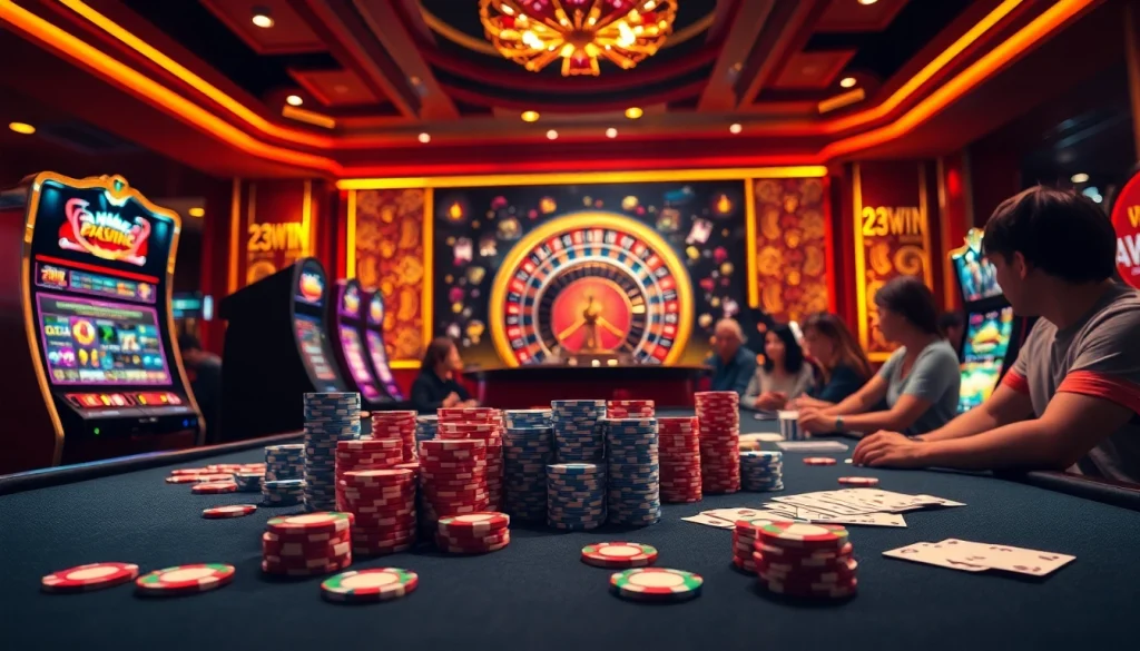 Engage with the excitement of 23win casino gaming featuring vibrant poker chips and a roulette wheel.
