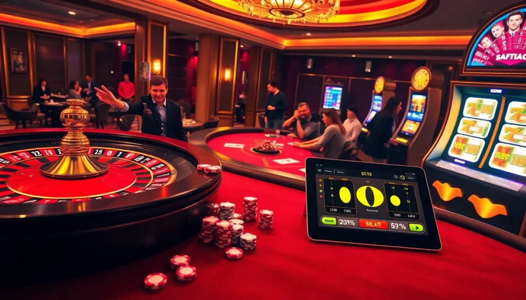 Engage in thrilling games at https://thabet.college/ with a vibrant casino scene showcasing roulette and poker.