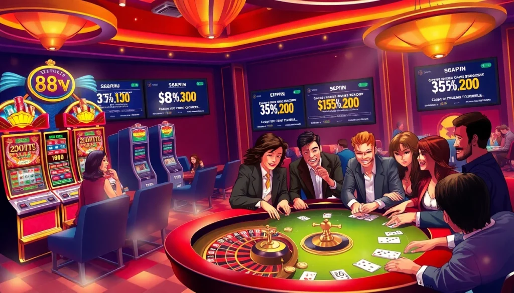 Players enjoying various games at a 88vv casino, showcasing excitement and luxury.
