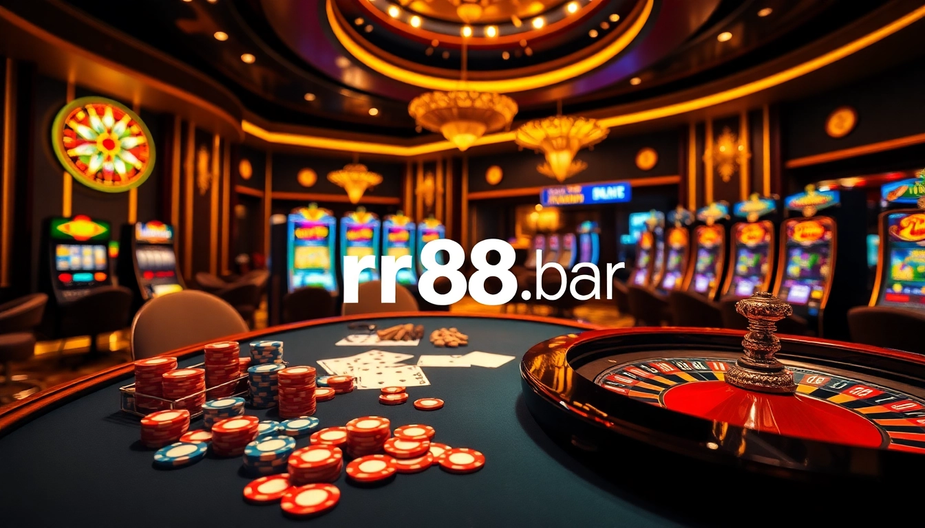 Experience the excitement of https://rr88.bar/ in a lively casino scene featuring poker chips and roulette.
