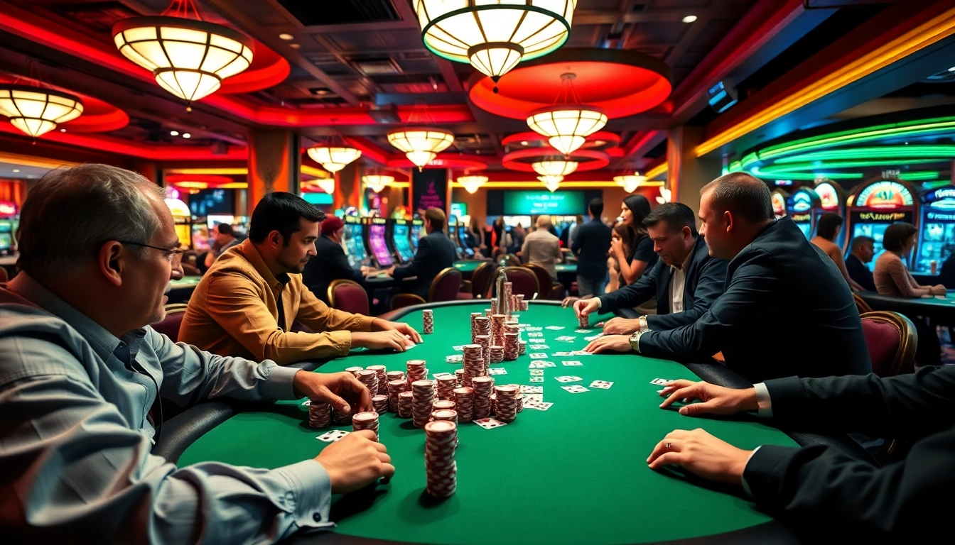 Permainan poker online yang seru dengan pemain fokus di kasino dan kartu warna-warni.