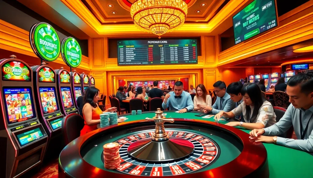Experience the excitement of keonhacai5 as gamblers engage around vibrant roulette and poker games.
