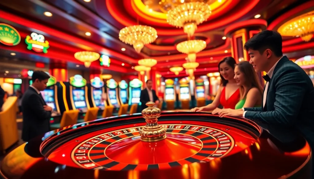 Engaging players at an online casino Singapore roulette table in a lively atmosphere.