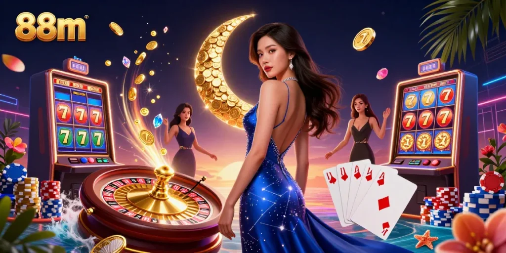 Experience thrilling gameplay with 88m's vibrant casino scene showcasing slot machines and a royal flush.