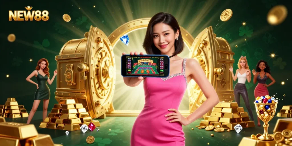 Engage with NEW88's vibrant casino world featuring a glamorous woman showcasing a live dealer game.