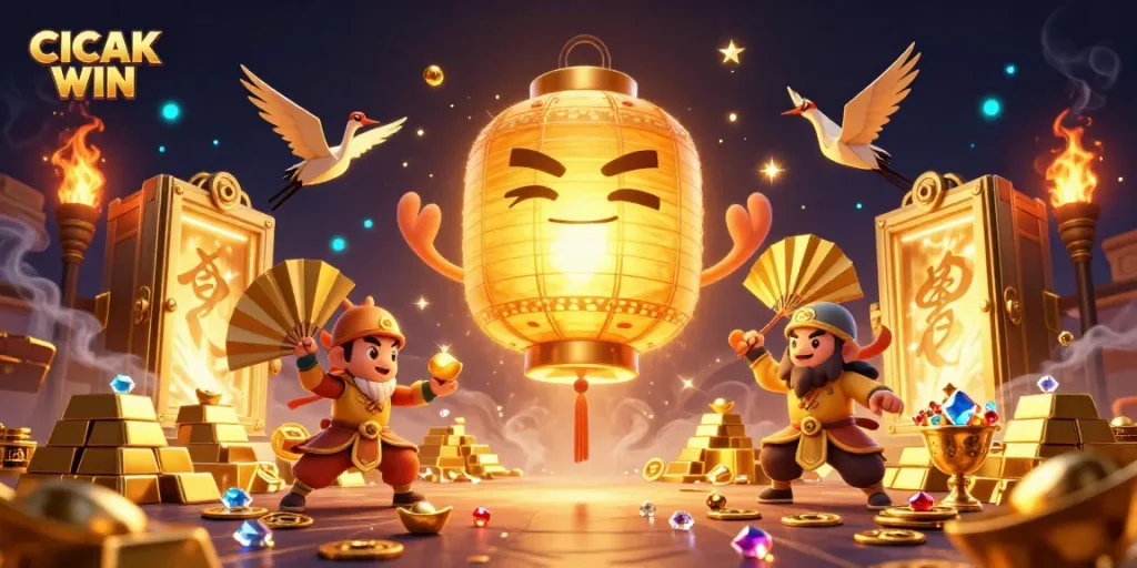 CICAK WIN glows amidst a vibrant casino scene filled with treasure and lucky symbols