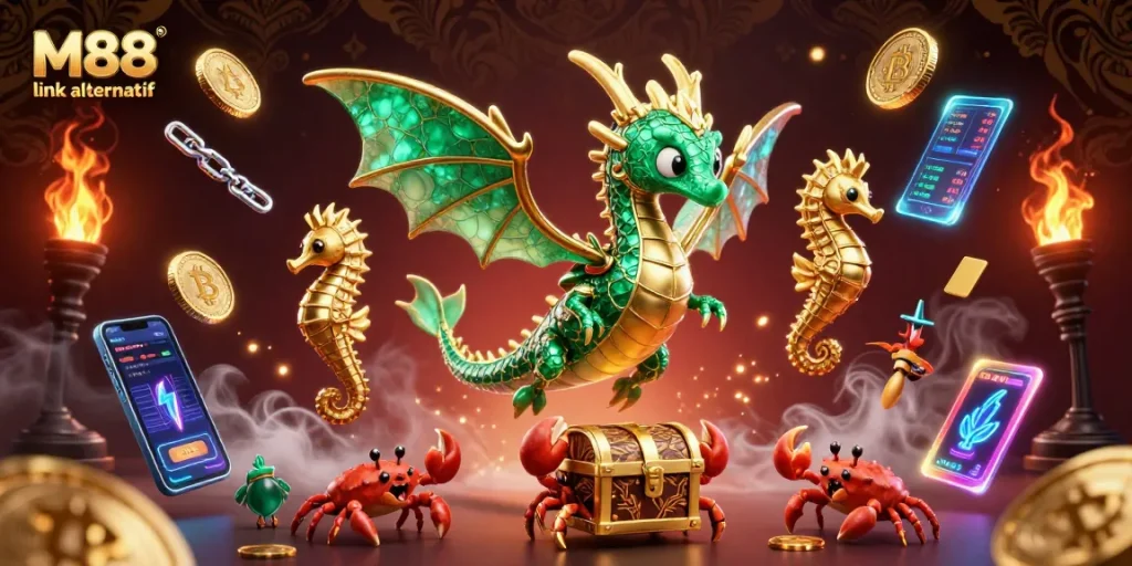 M88 link alternatif floats above a vibrant underwater scene with a sea dragon and gold accents, promoting online betting.